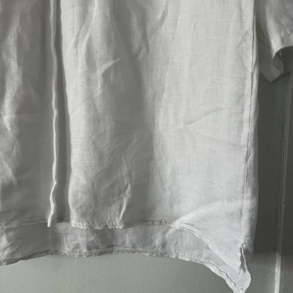 White Linen 3/4 Sleeve Boxy Blouse with Mandarin Collar - Picture 4 of 12